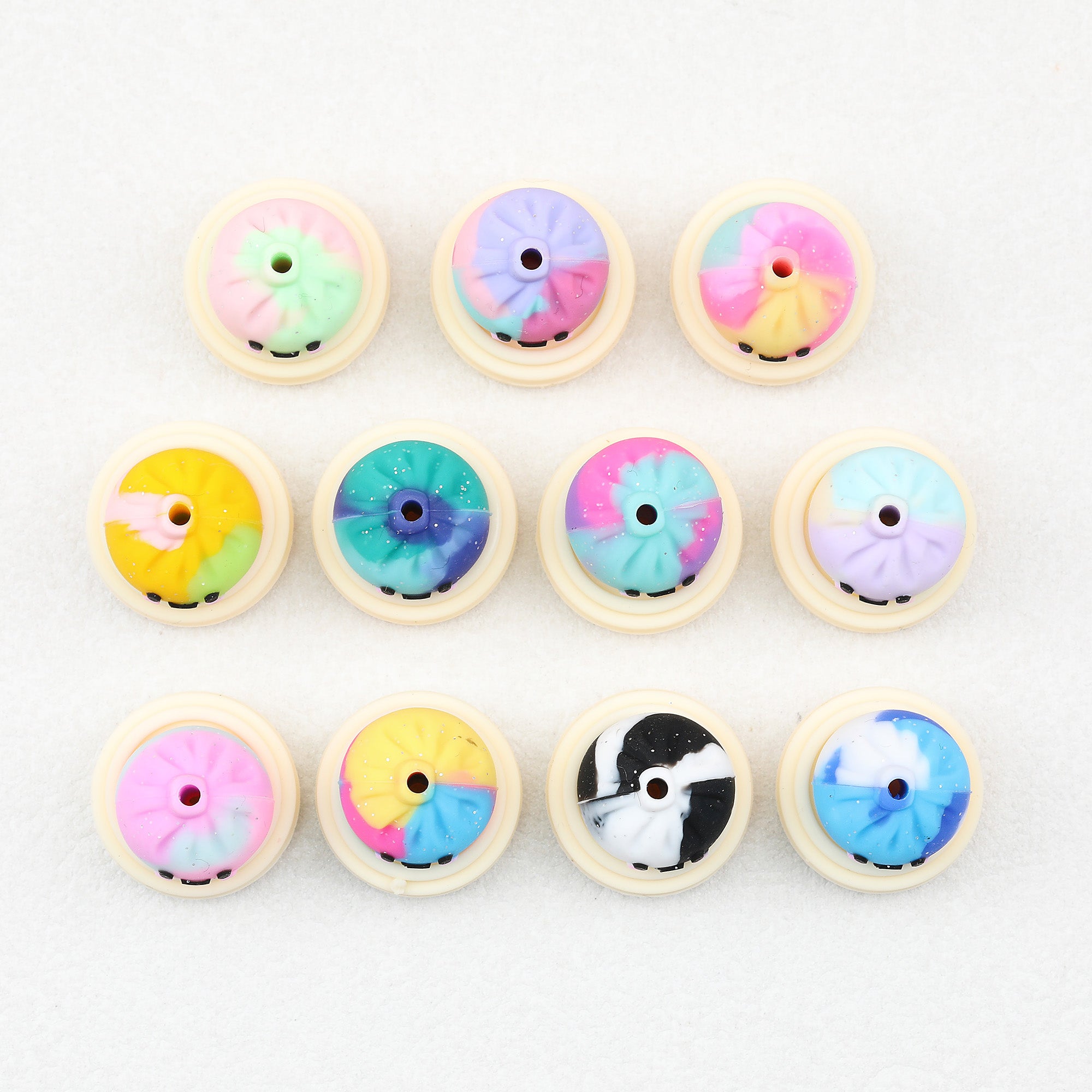 Dumpling Steamer 3D Silicone Focal Beads Wholesale, Tie Dye Smiling Glitter Accents Pastel Rainbow, 22mm*23mm