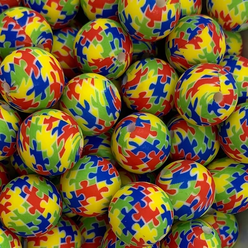 15mm Puzzle Silicone Beads Printed Design 50pcs