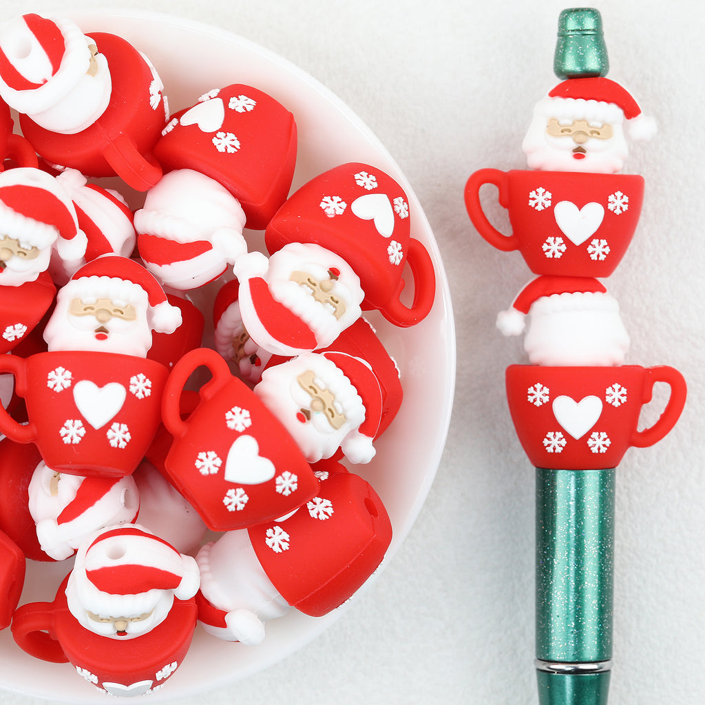 3D Santa Cup Silicone Focal Beads Wholesale, Red Christmas Head Design
