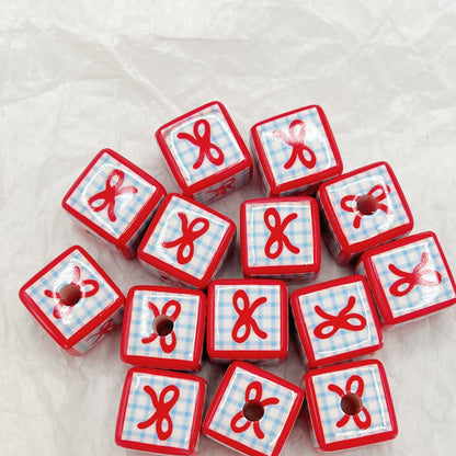 Printed Square Acrylic Beads 14mm Fresh Pink Tone 10pcs 15