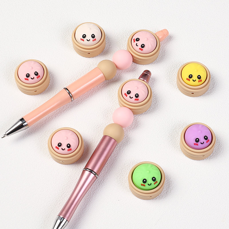 Smiling 3D Dumplings Silicone Focal Beads with Steamer 20pcs 3