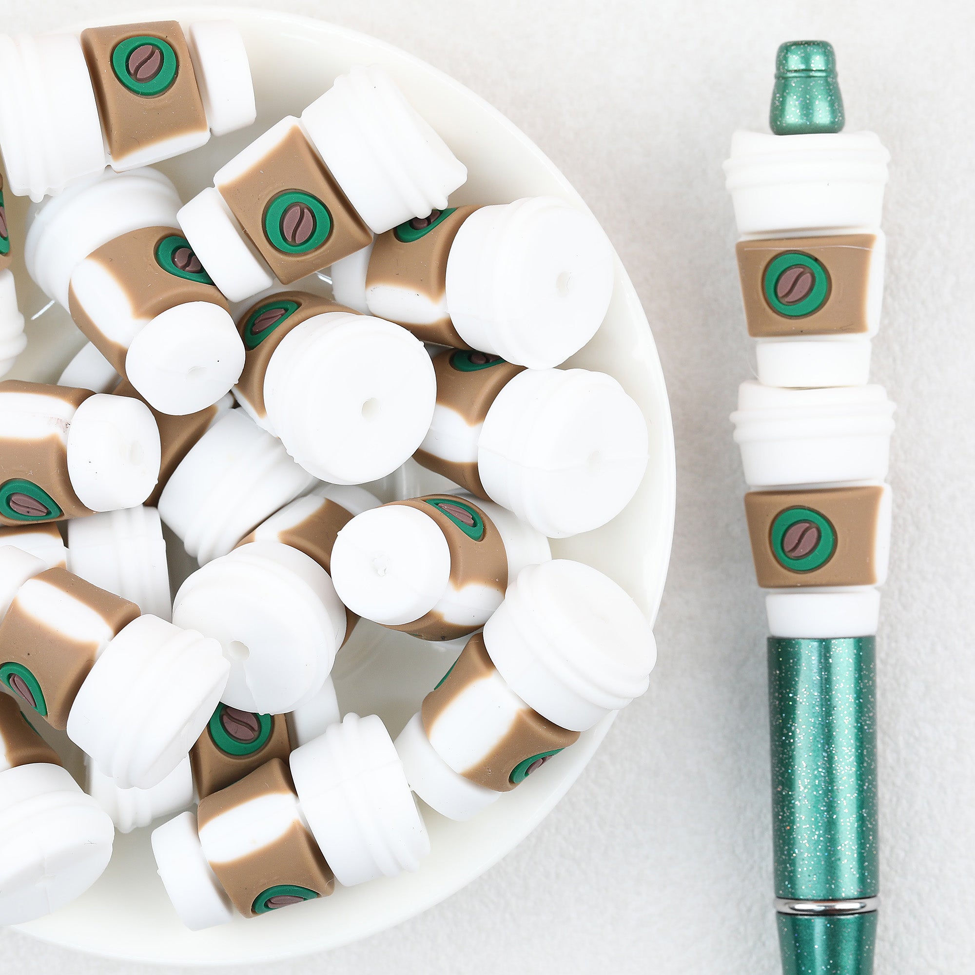  3D  White Green Mark Coffee Cup Silicone Focal Beads 20Pcs