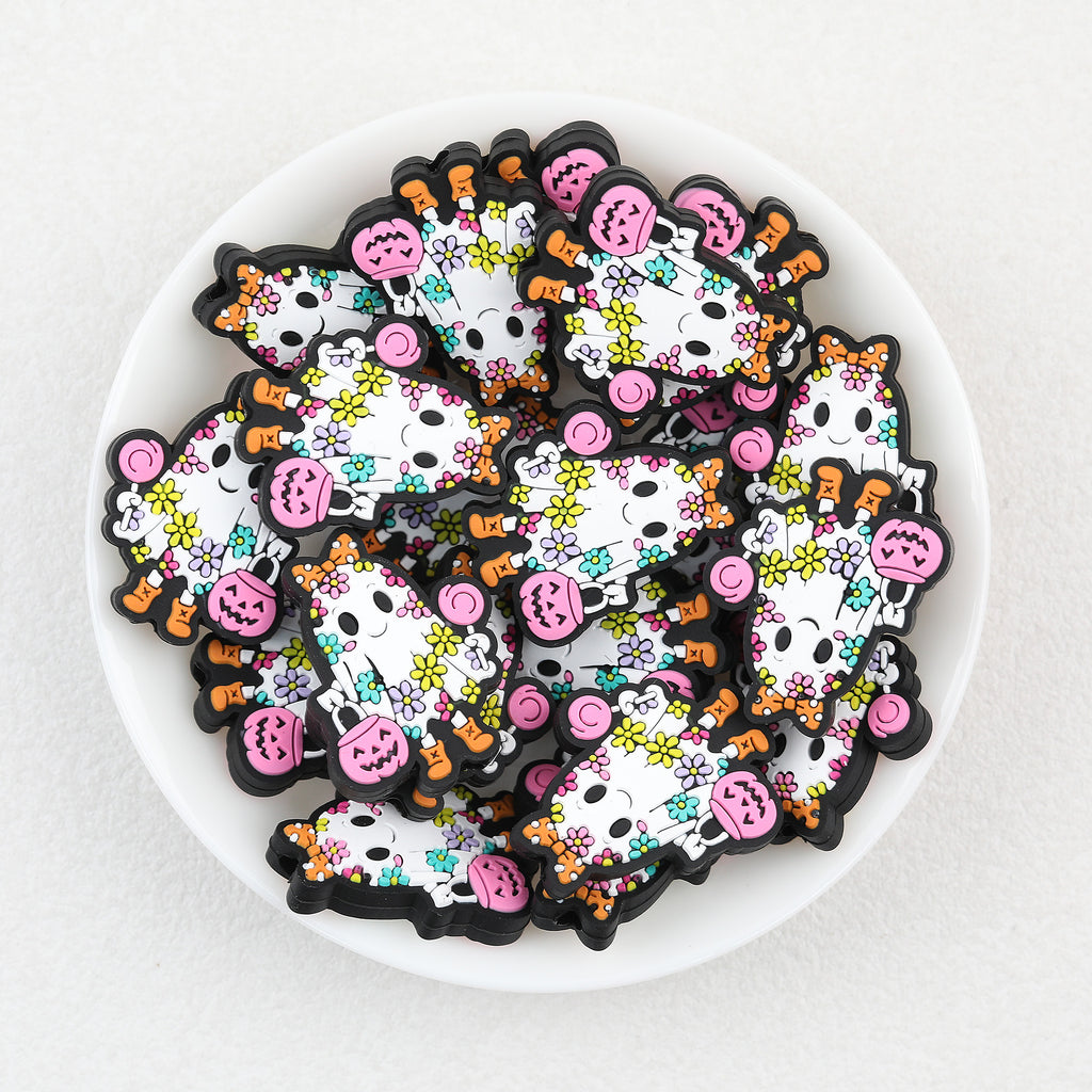 Pink Pumpkin silicone focal beads Wholesale, Halloween Ghost Flower Design