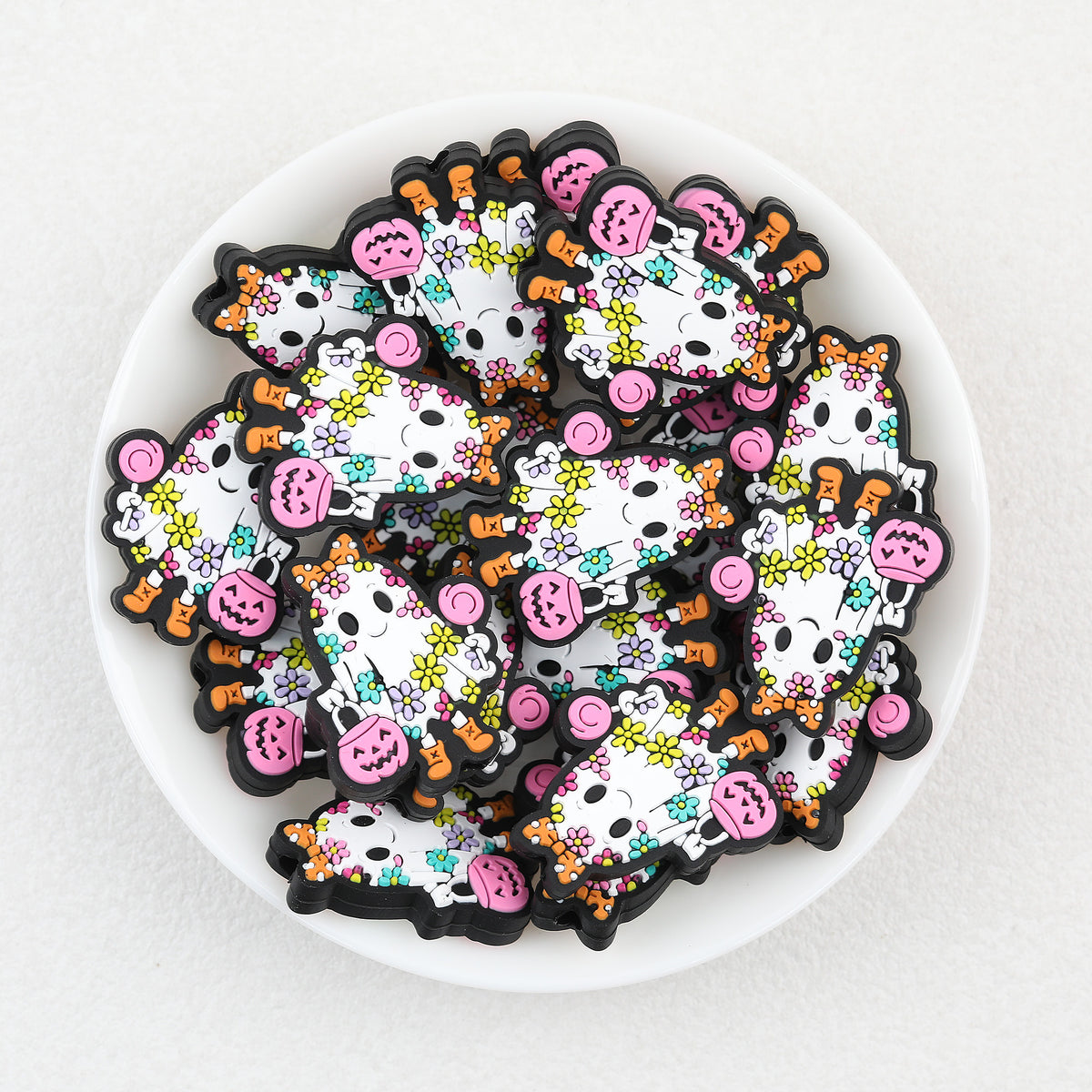 Pink Pumpkin silicone focal beads Wholesale, Halloween Ghost Flower Design