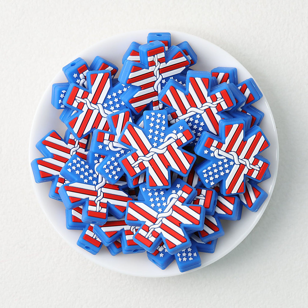 US Independence Day Silicone Focal Beads Blue Ambulance 20pcs
