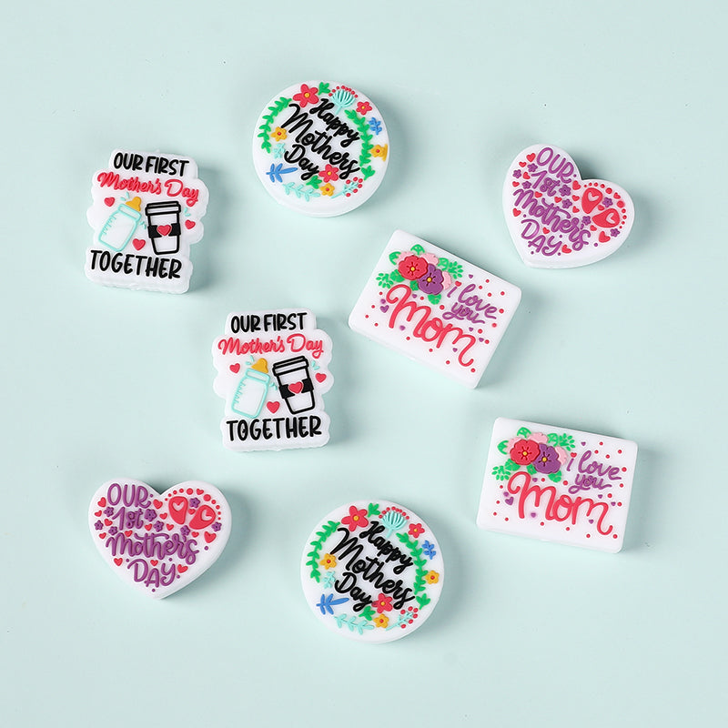 Silicone Focal Beads Mother Day Circle Badge Smiling Face 20pcs 3