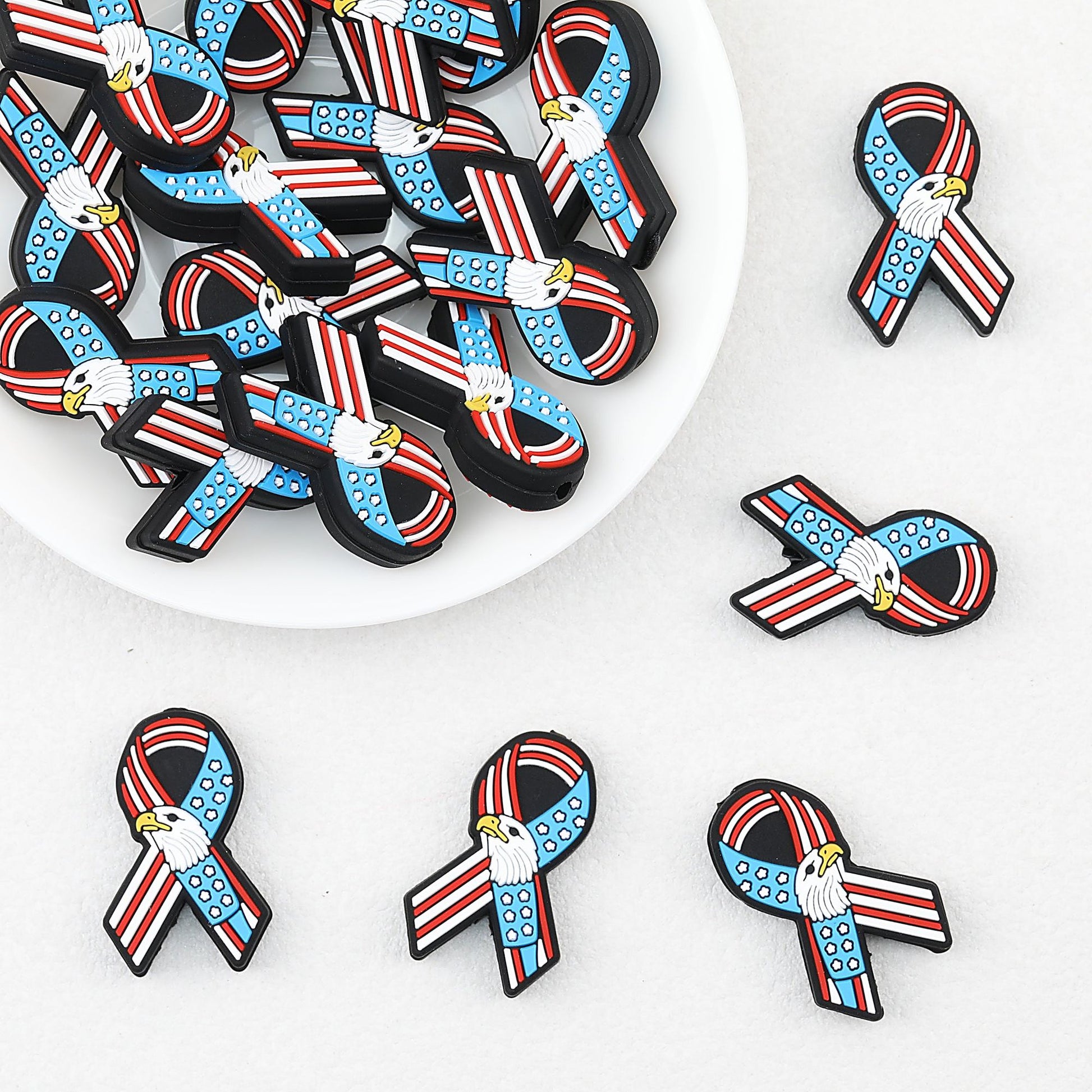US Independence Day Ribbon Silicone Focal Beads Patriotic Design 20pcs