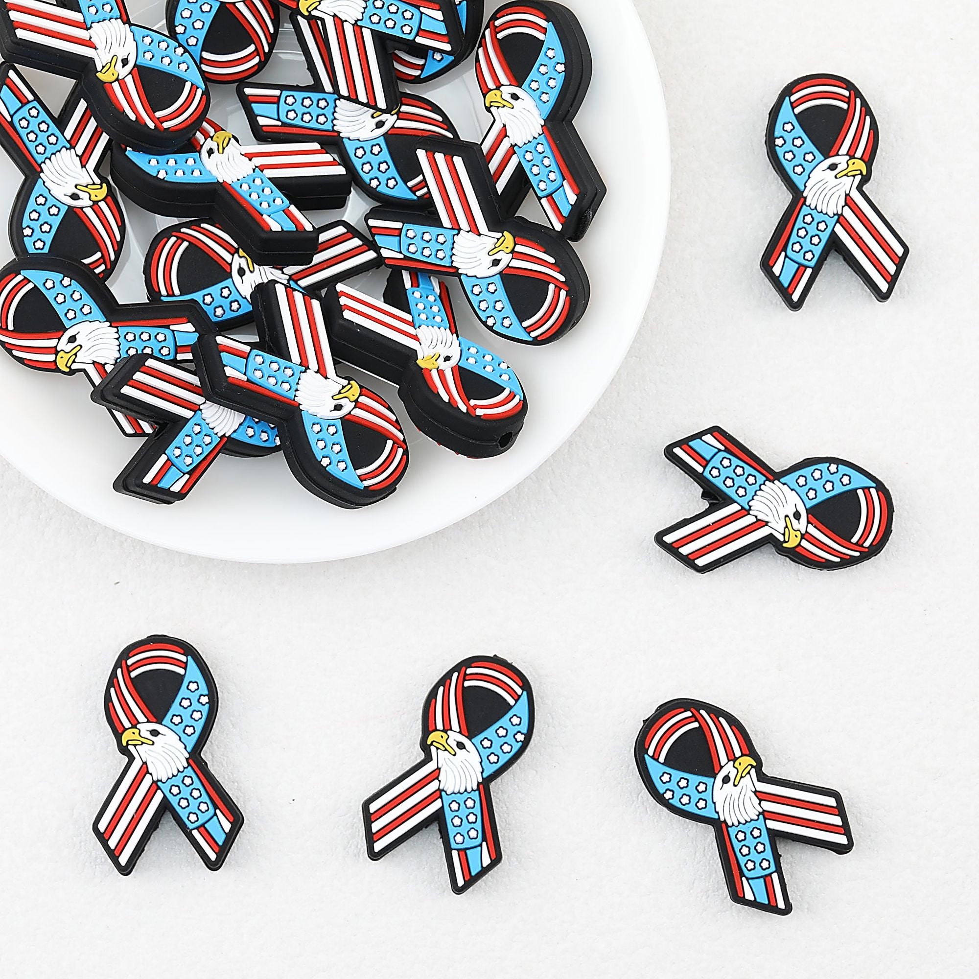US Independence Day Ribbon Silicone Focal Beads Patriotic Design 20pcs