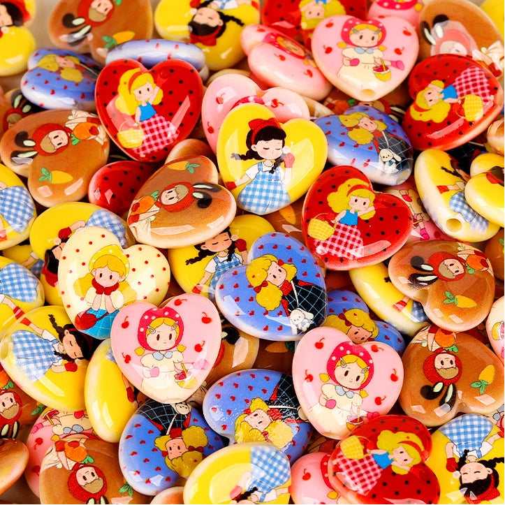 Double-Sided Heart Acrylic Beads 25mm Fairy Tale Girl Pattern 10pcs 3