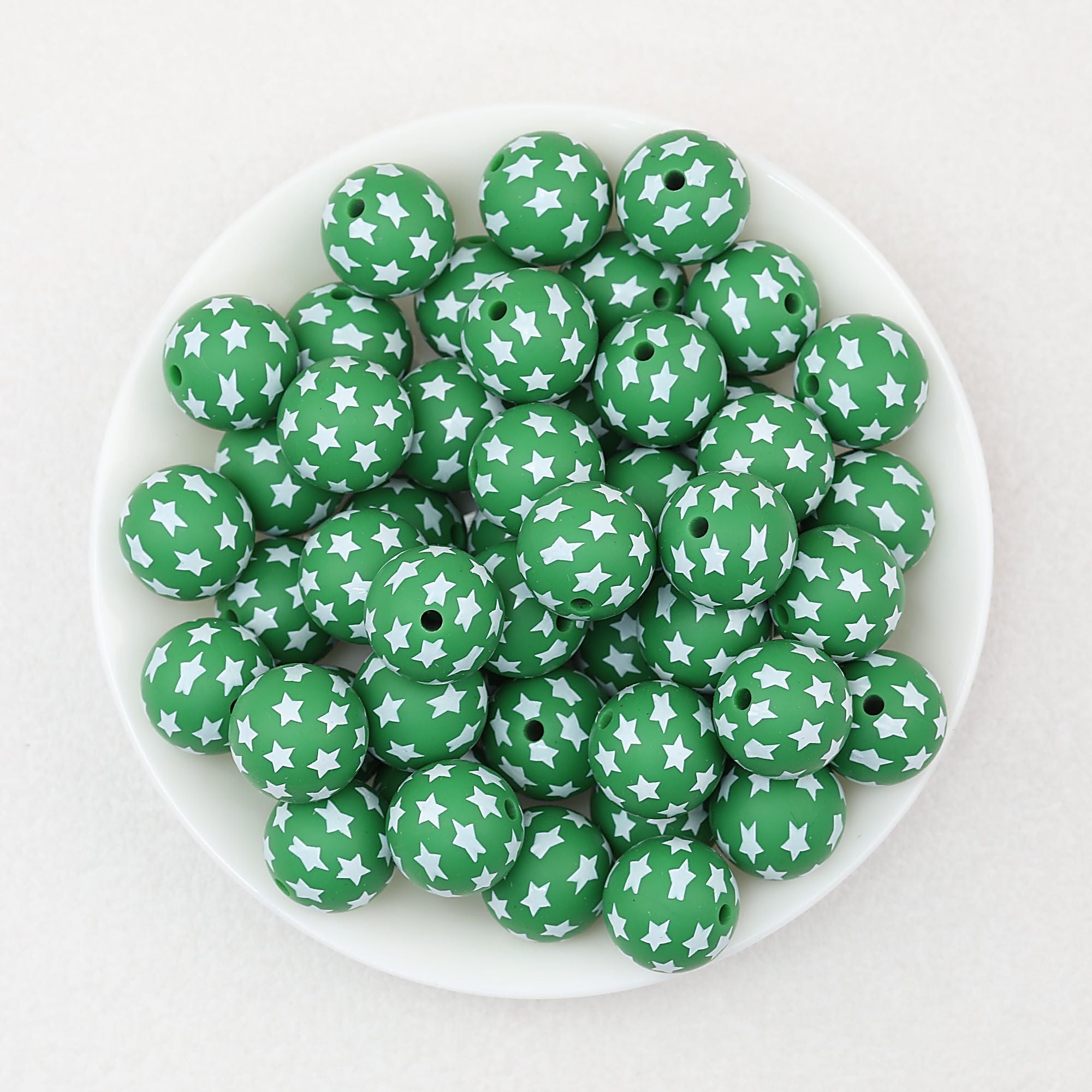 Star Pattern 15mm Printed Silicone Beads 50pcs - Green
