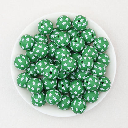 Star Pattern 15mm Printed Silicone Beads 50pcs - Green