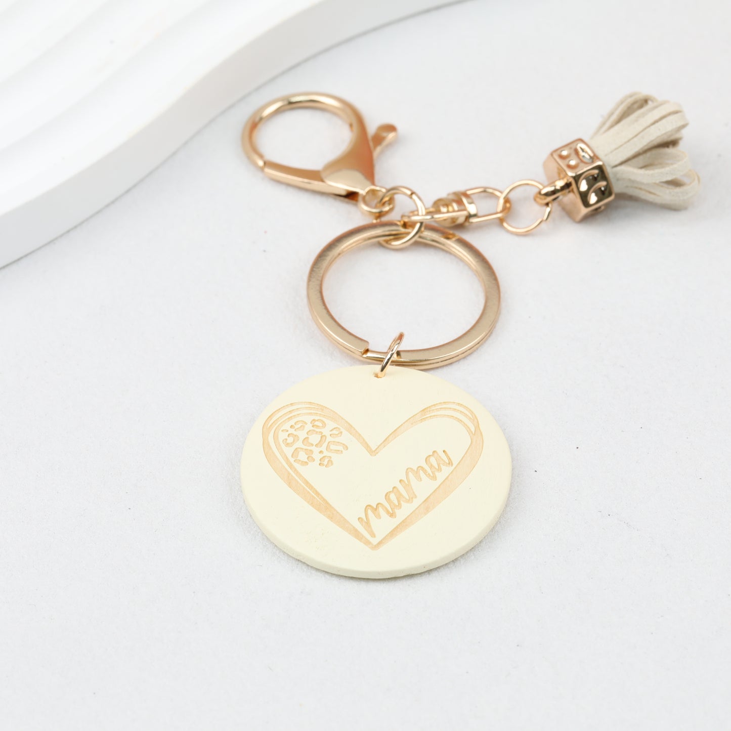 Wood Tassel Keychain Engraved Mama Heart Design Natural Pastel Colors
