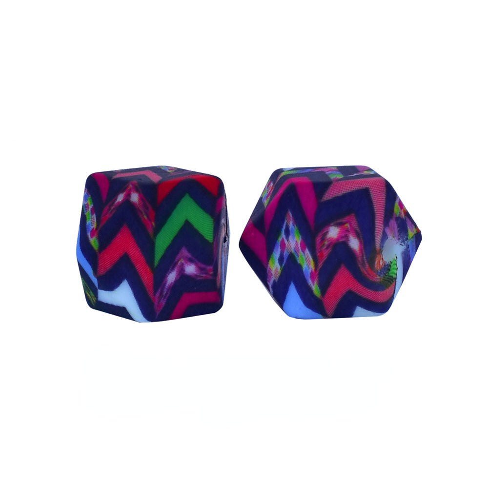14mm Hexagon Silicone Beads Printed Camouflage Leopard Design 50pcs