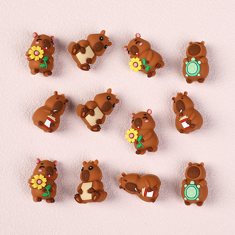 Silicone 3D Focal Beads Capybara Holding Books Flowers Turtles 20pcs 5