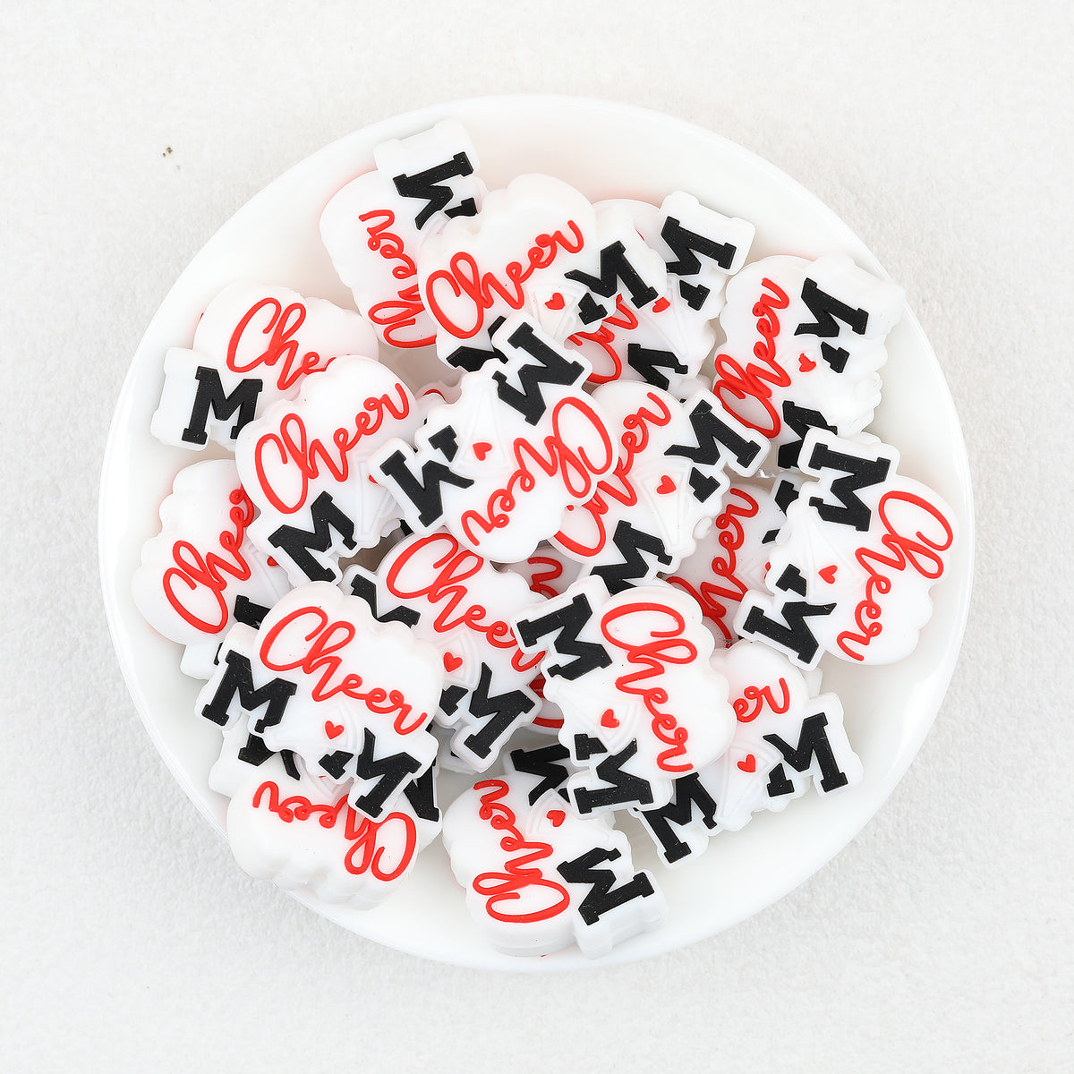 Heart Mom Flat Silicone Focal Beads Wholesale, White Red Script Design