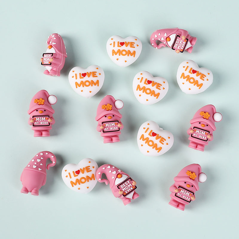 Silicone 3D Focal Beads Mothers Day Pink Hat Gnome Holding Sign 3