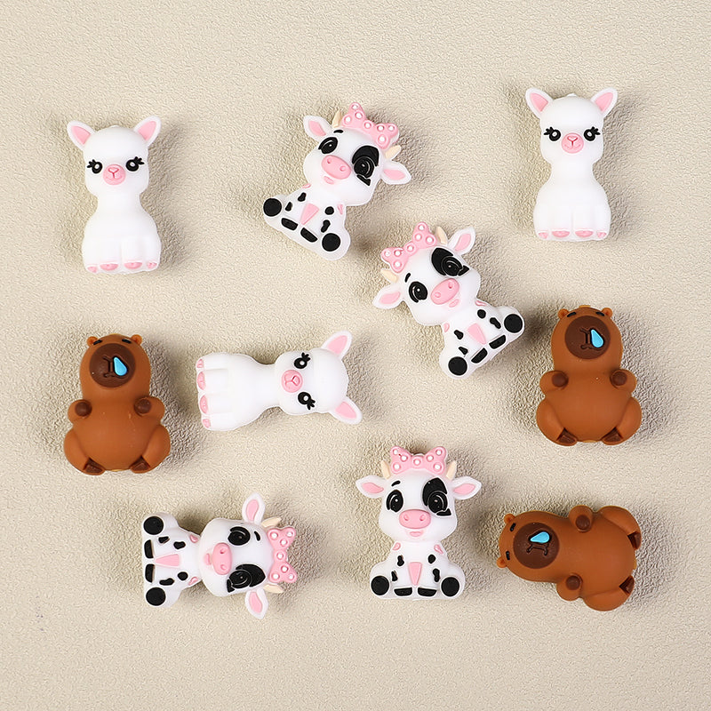 3D Animal Silicone Focal Beads Llama Cow Capybara 20pcs