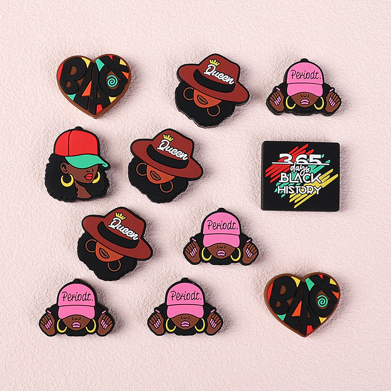 Silicone Focal Beads Black History Queen Wearing Period Hat 20pcs 6