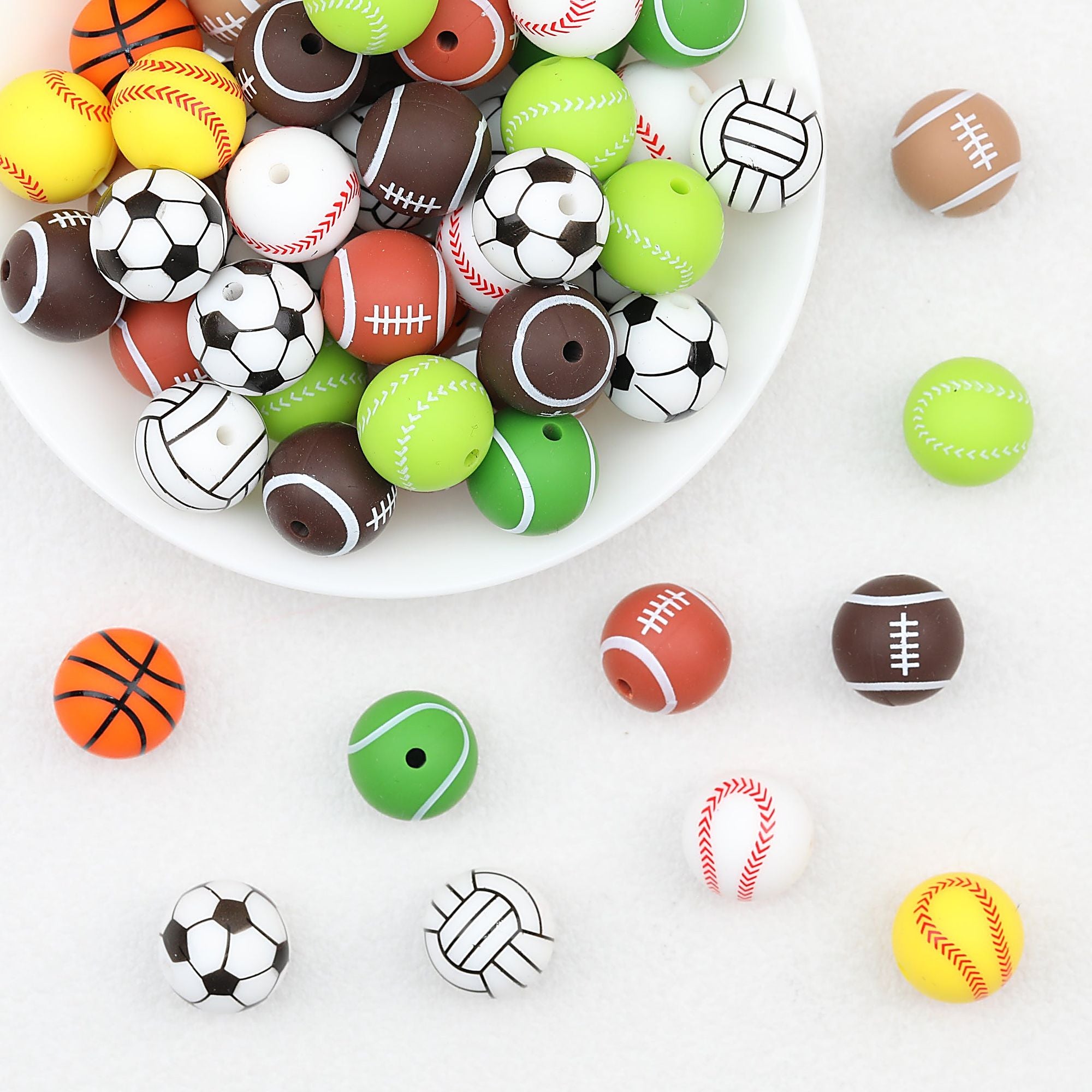 15mm Silicone Beads Sports Ball Printed Soccer Football Volleyball 10pcs