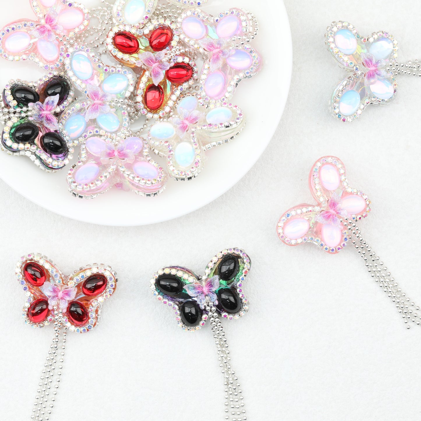 Butterfly Tassel Rhinestone Acrylic Beads 28mm 5pcs