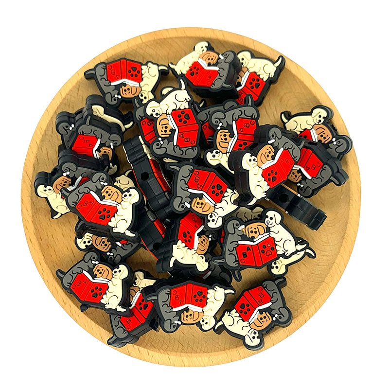 Silicone Focal Beads Dogs Reading Book Red Paw Print 20pcs 2