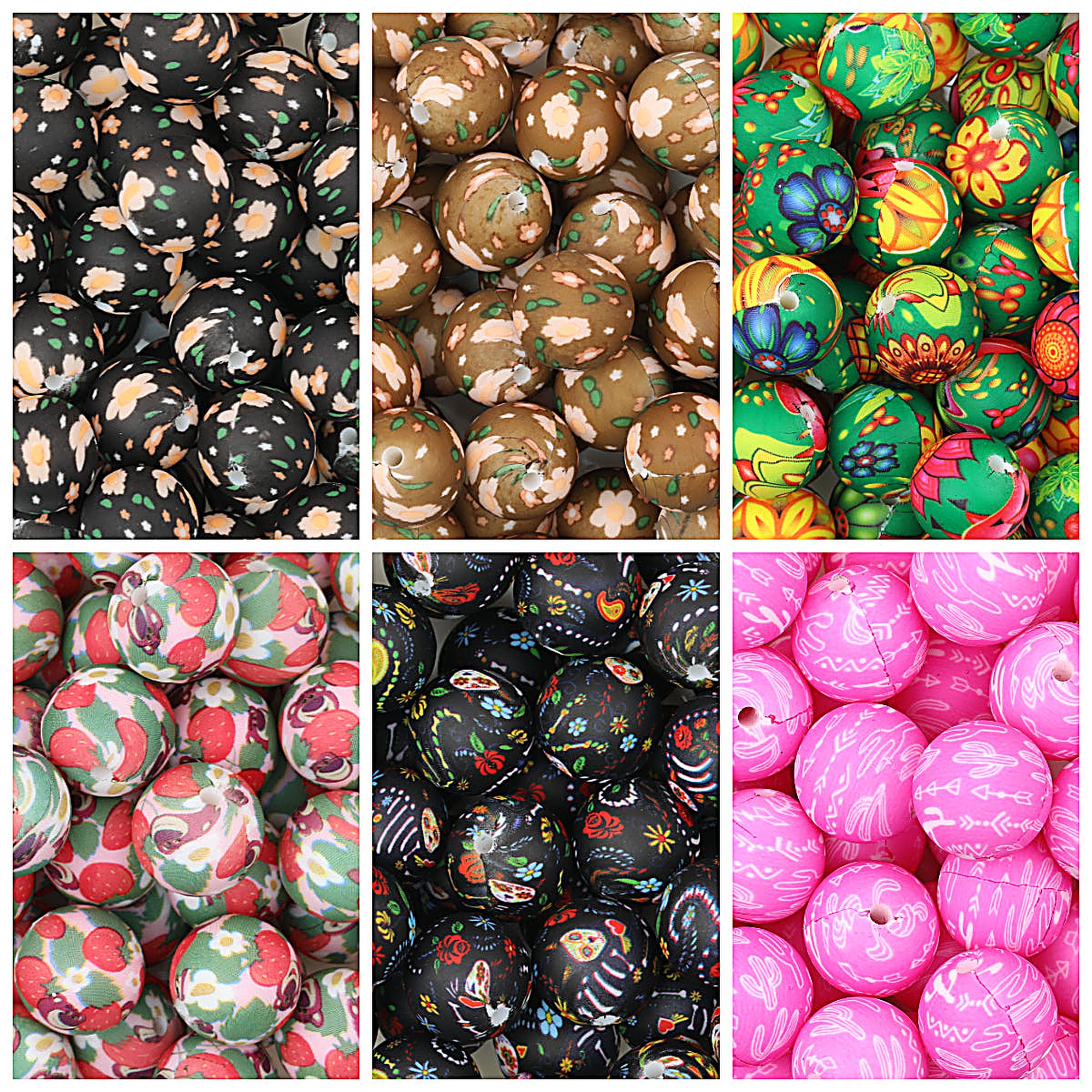 15mm Printed Floral Silicone Beads Multicolor Patterned 50pcs