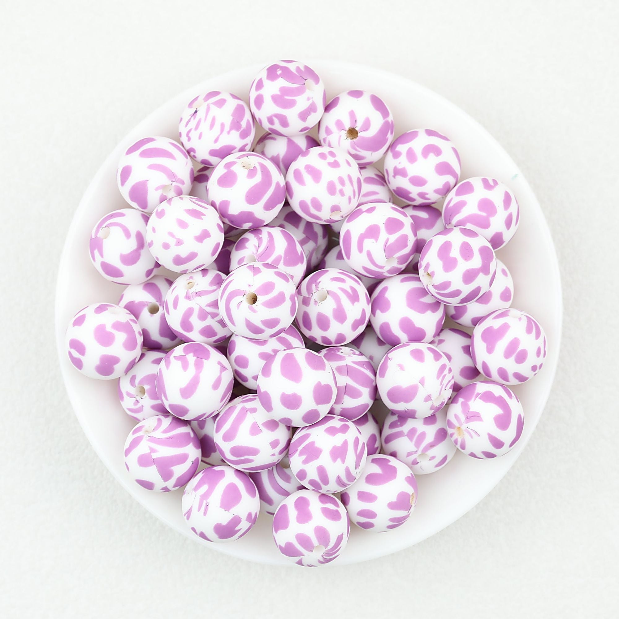 15mm Cow PPrinted Round Silicone Beads Colorful Spots 50pcs - Cow Purple