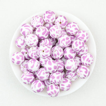 15mm Cow PPrinted Round Silicone Beads Colorful Spots 50pcs - Cow Purple