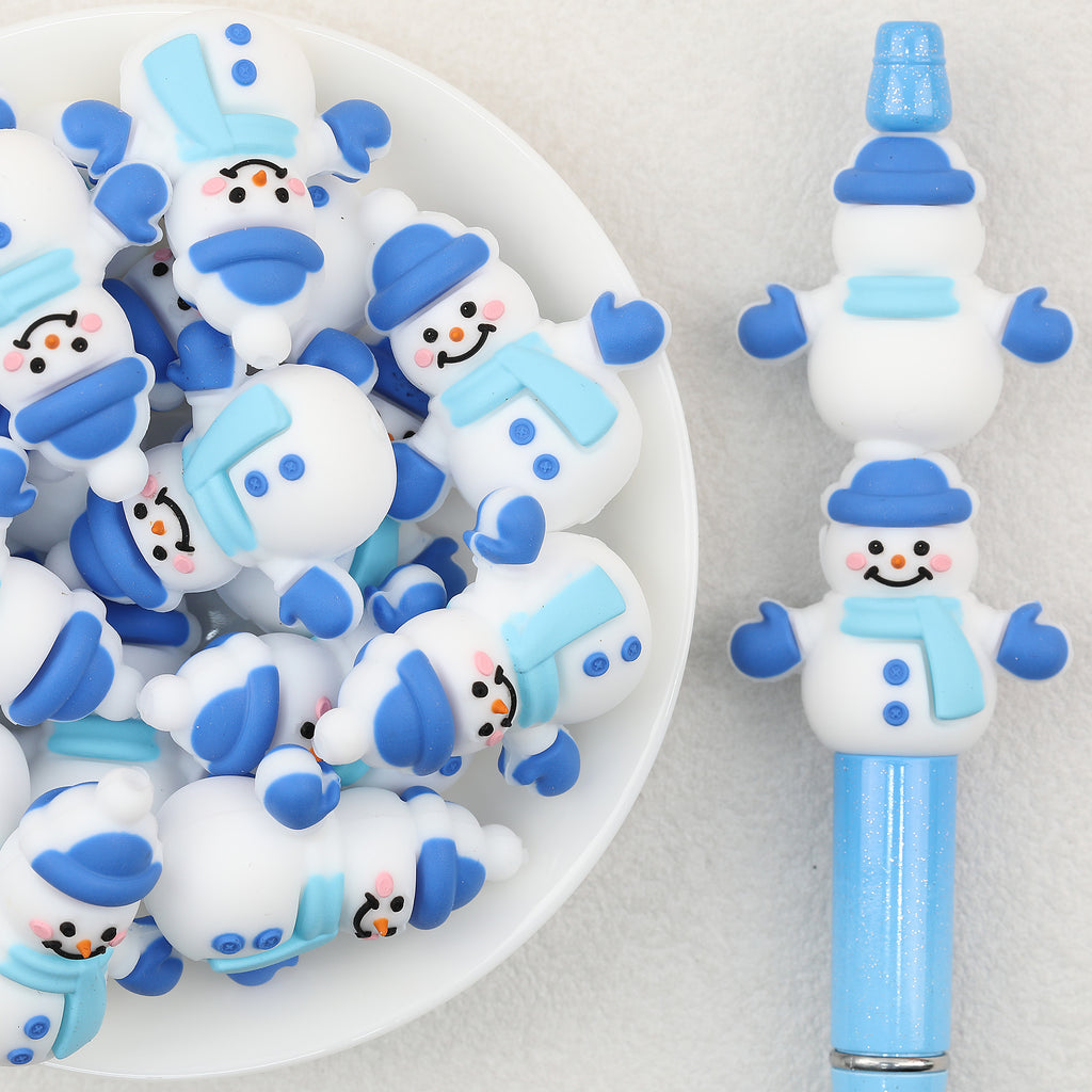 3D Snowman Silicone Focal Beads Wholesale, Blue Scarf Gloves Christmas Design