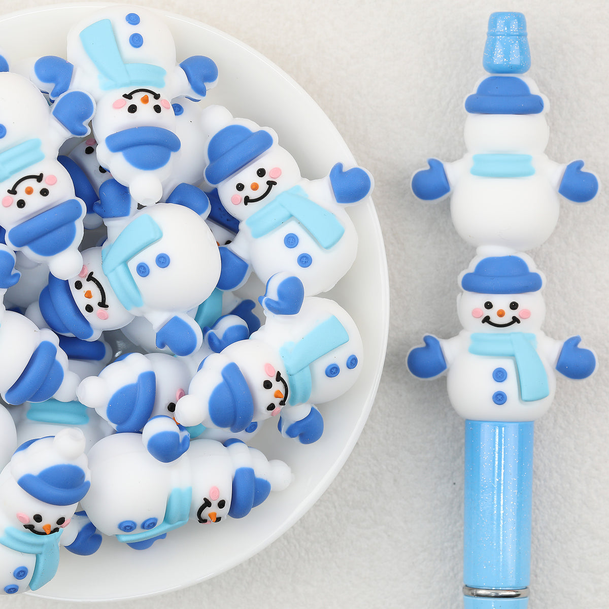 3D Snowman Silicone Focal Beads Wholesale, Blue Scarf Gloves Christmas Design