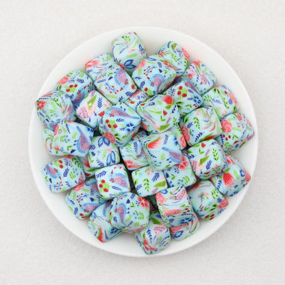 Floral Pattern 13.5mm Square Silicone Beads Printed Design 50pcs 6