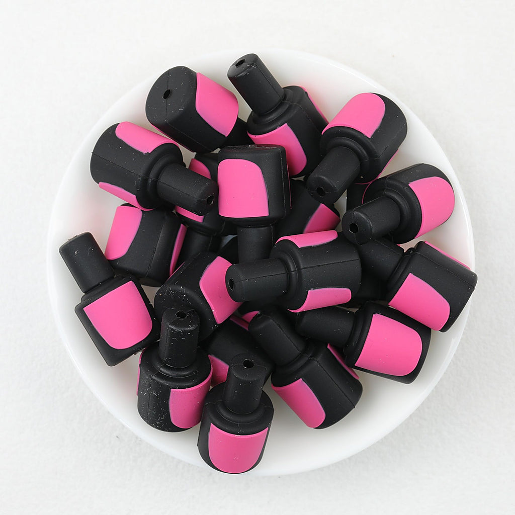Pink and Black 3D Nail Polish Bottle Silicone Focal Beads 20pcs