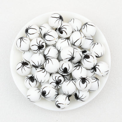 15mm Halloween Spider Web Printed Silicone Beads White Black 50pcs 5