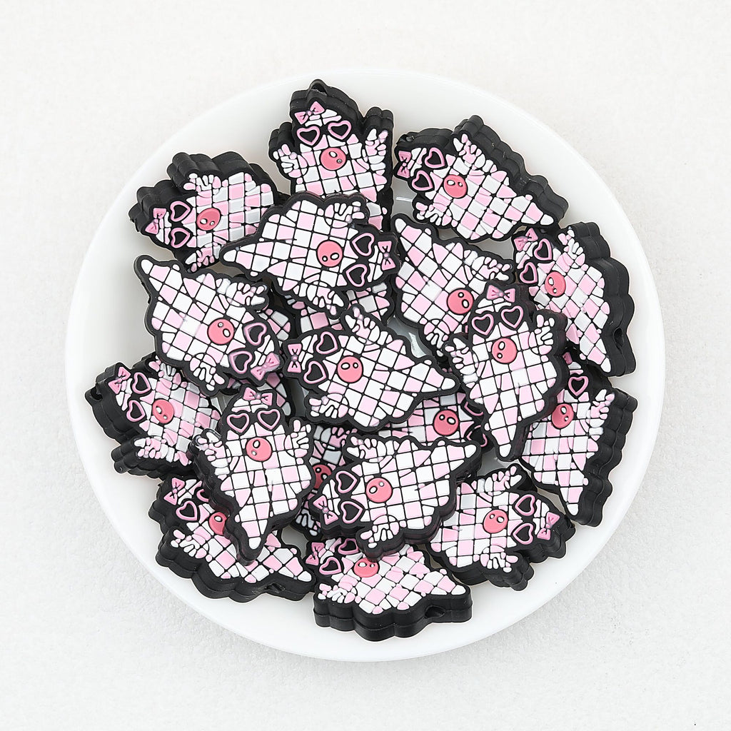 Halloween Pink Checkered Ghost Silicone Focal Beads 20 pcs