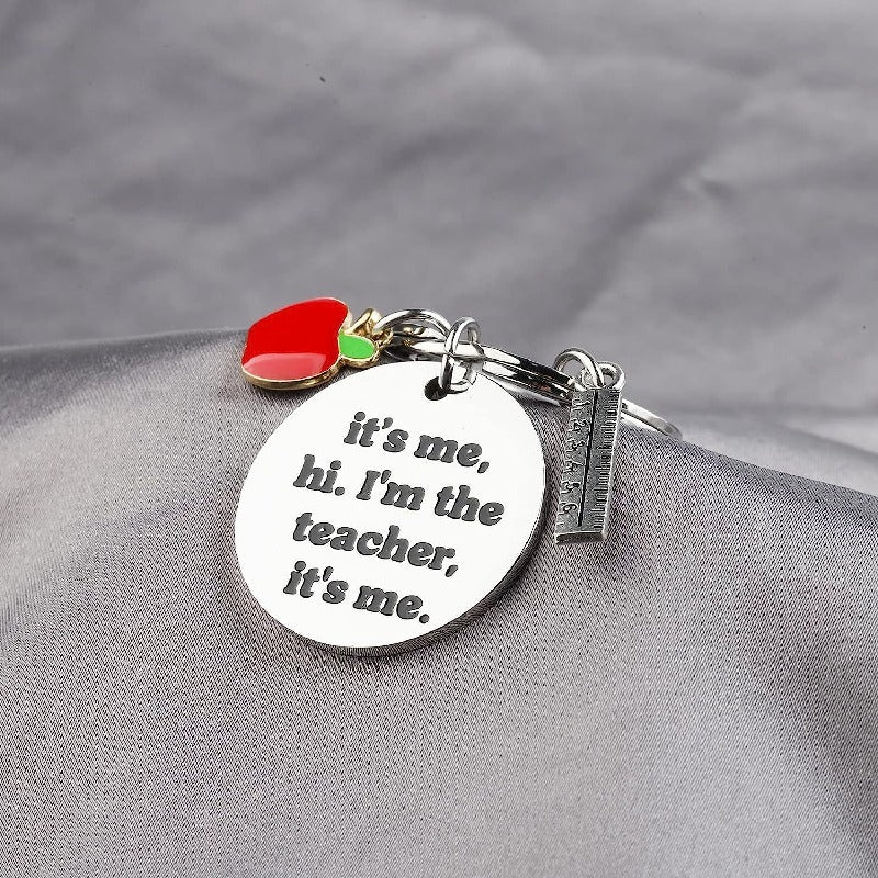 Creative Stainless Steel Teacher Keychain with Red Enamel Apple and Ruler Charm 4