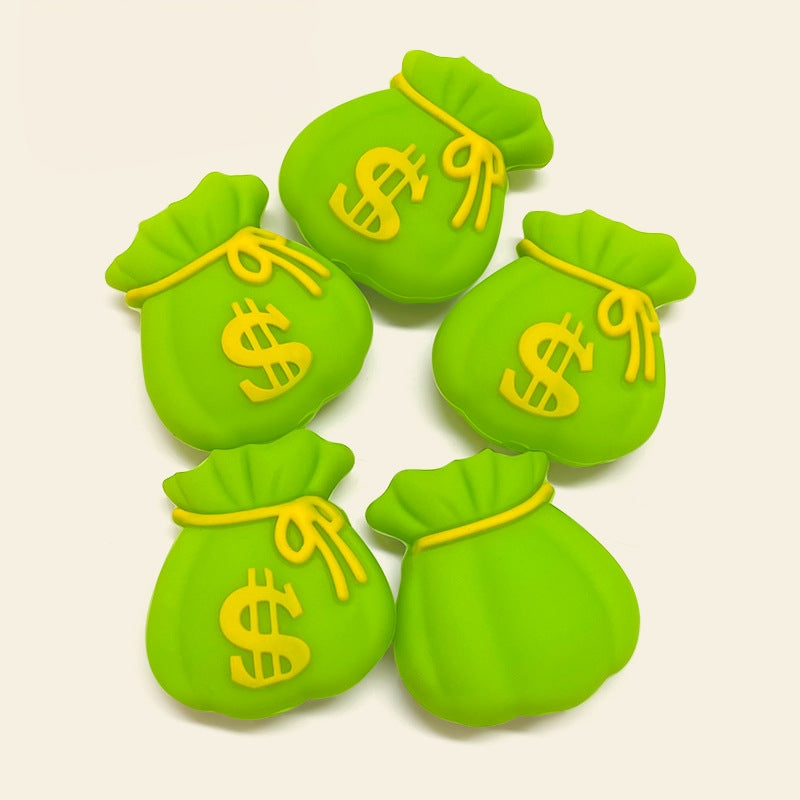Silicone 3D Focal Beads Money Bag Green Sack with Yellow Dollar Sign 20pcs