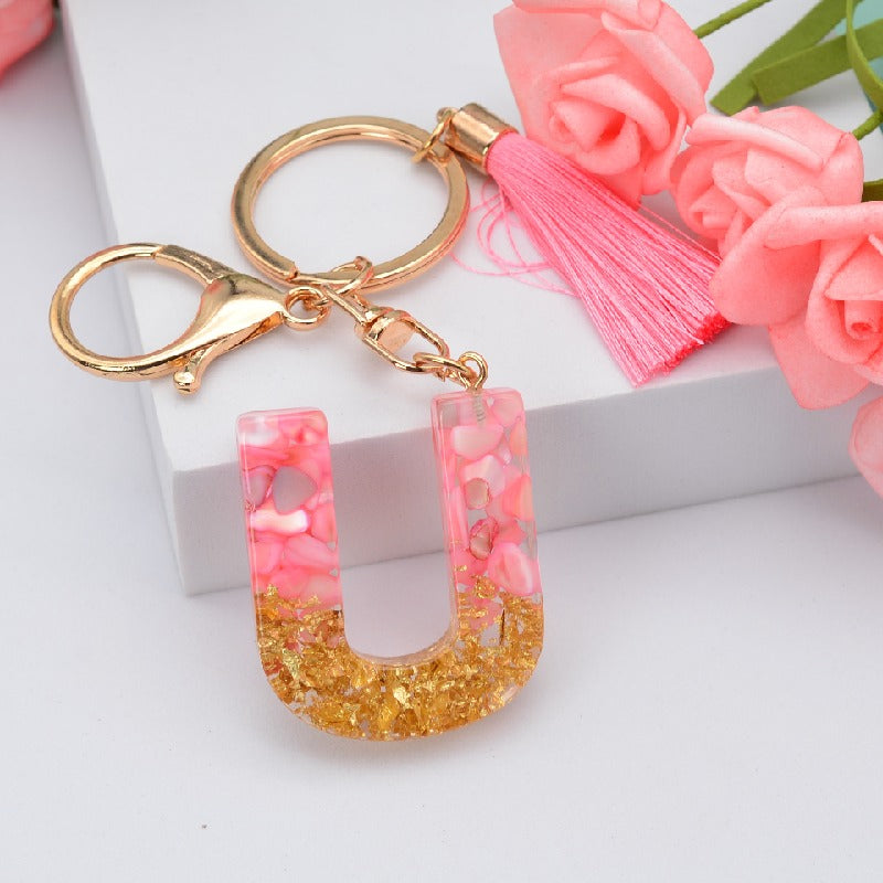 Resin Floral Pink Tassel Monogram Keychain Alphabet Letter A 21