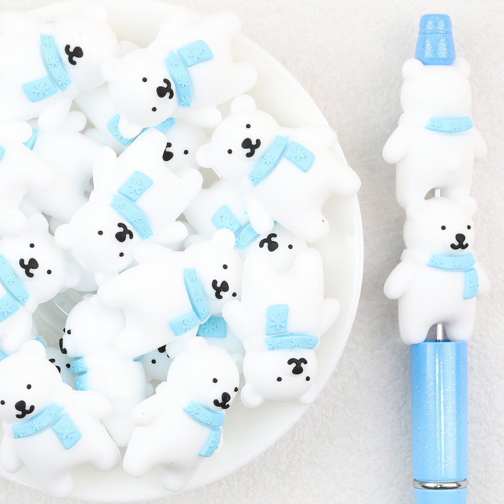 3D Winter Blue Scarf Bear Silicone Focal Beads