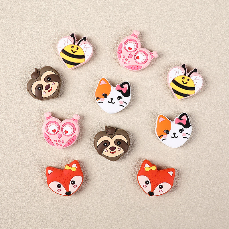 Silicone Focal Beads Valentine Day Heart Shaped Bee Owl Fox Sloth Kitten 20pcs