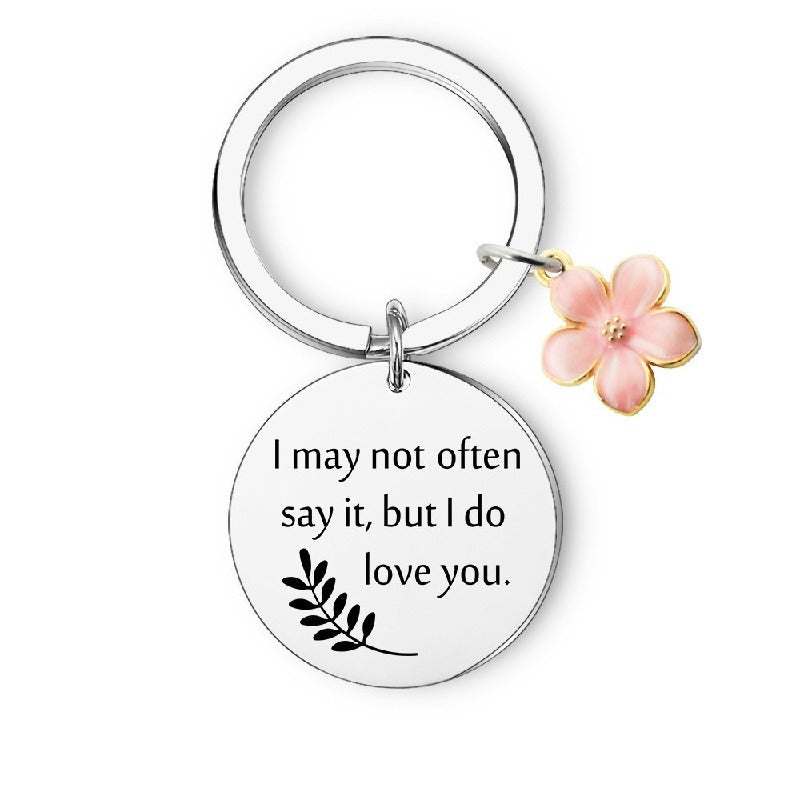 Stainless Steel Mother's Day Keychain Engraved Message Pink Enamel Flower
