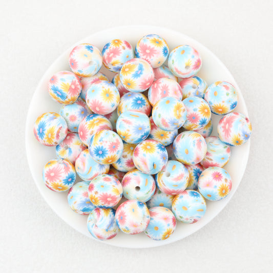 15mm Light Floral Print Round Silicone Beads 50 pcs 2