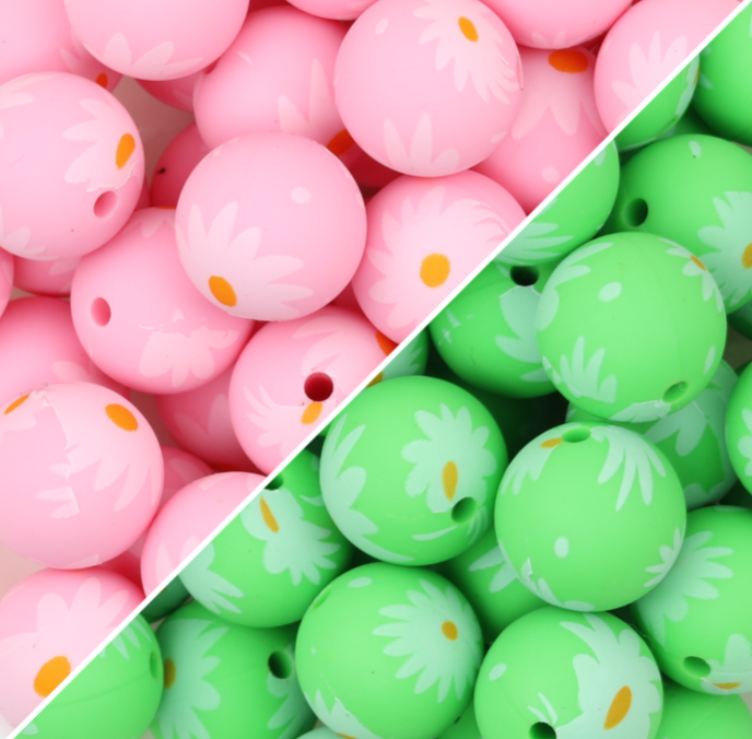 15mm Pink and Green Daisy Printed Silicone Beads 50pcs