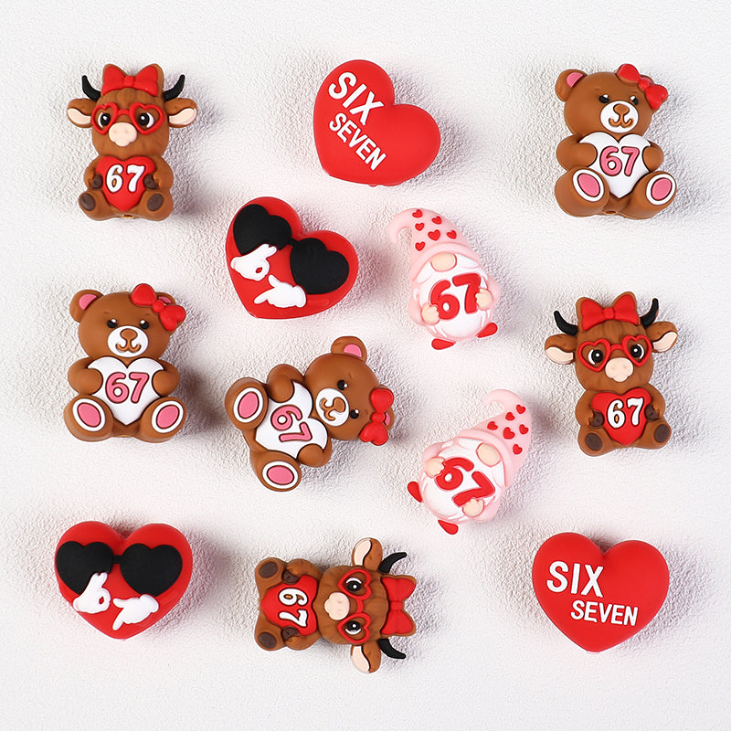 3D Highland Cow Silicone Focal Beads Wholesale, Six Seven 67 Red Love Heart Character