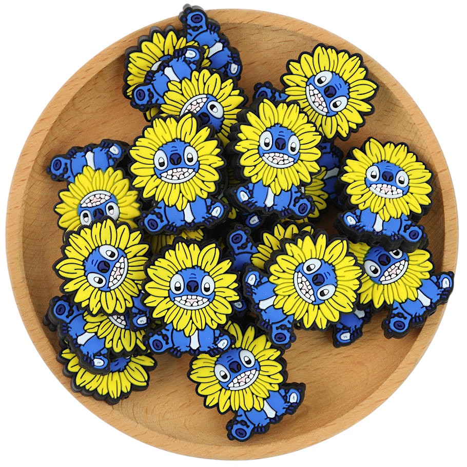 Silicone Focal Beads Sunflower Stitch Blue Face Yellow Petals 20pcs 3