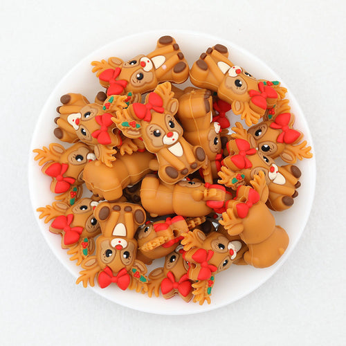 3D Christmas Red Bow Reindeer Silicone Focal Beads 20pcs