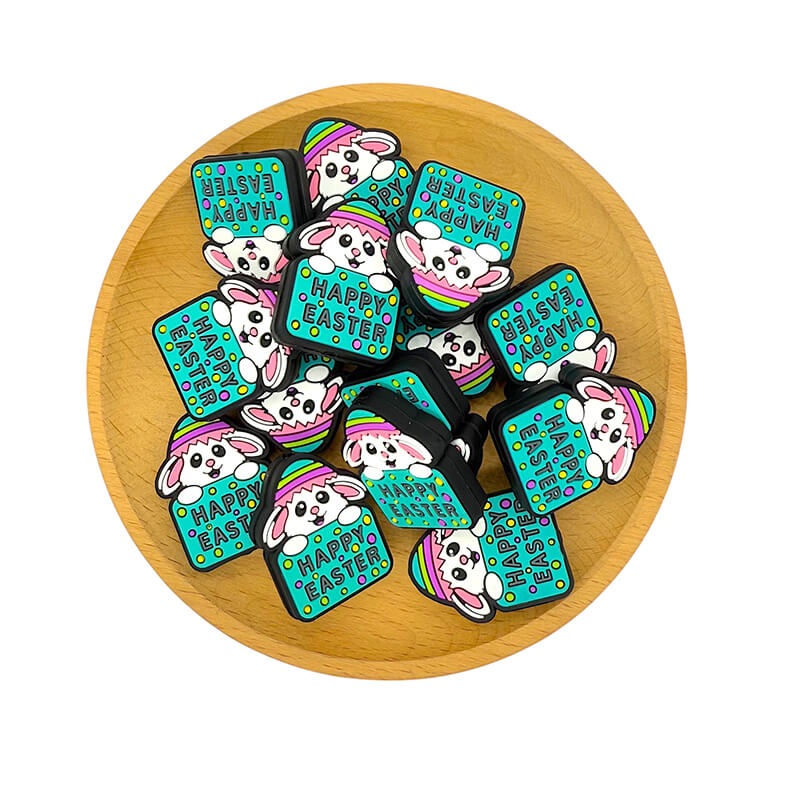 Silicone Focal Beads Happy Easter Bunny Holding Happy Easter Block 20pcs 2