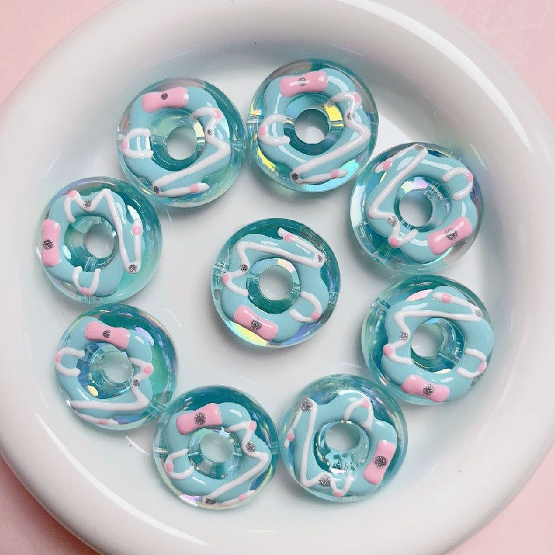 Hand Painted Donut Acrylic Beads 27x30mm Colorful Icing 5pcs 10
