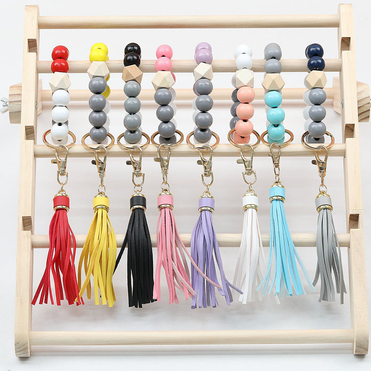 Tassel Wooden Beaded Keychain with PU Leather Tassel 23x10cm