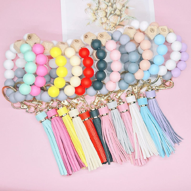 Silicone Beads Bracelet Keychain Soft Tassel Colorful Charm