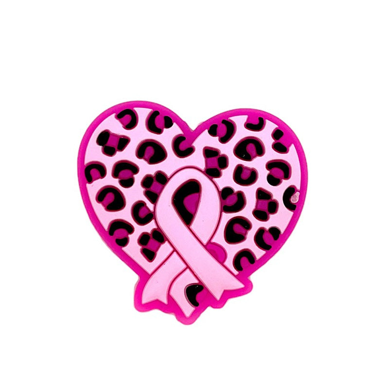Silicone Focal Beads Heart Ribbon Pink Leopard Print Awareness 20pcs